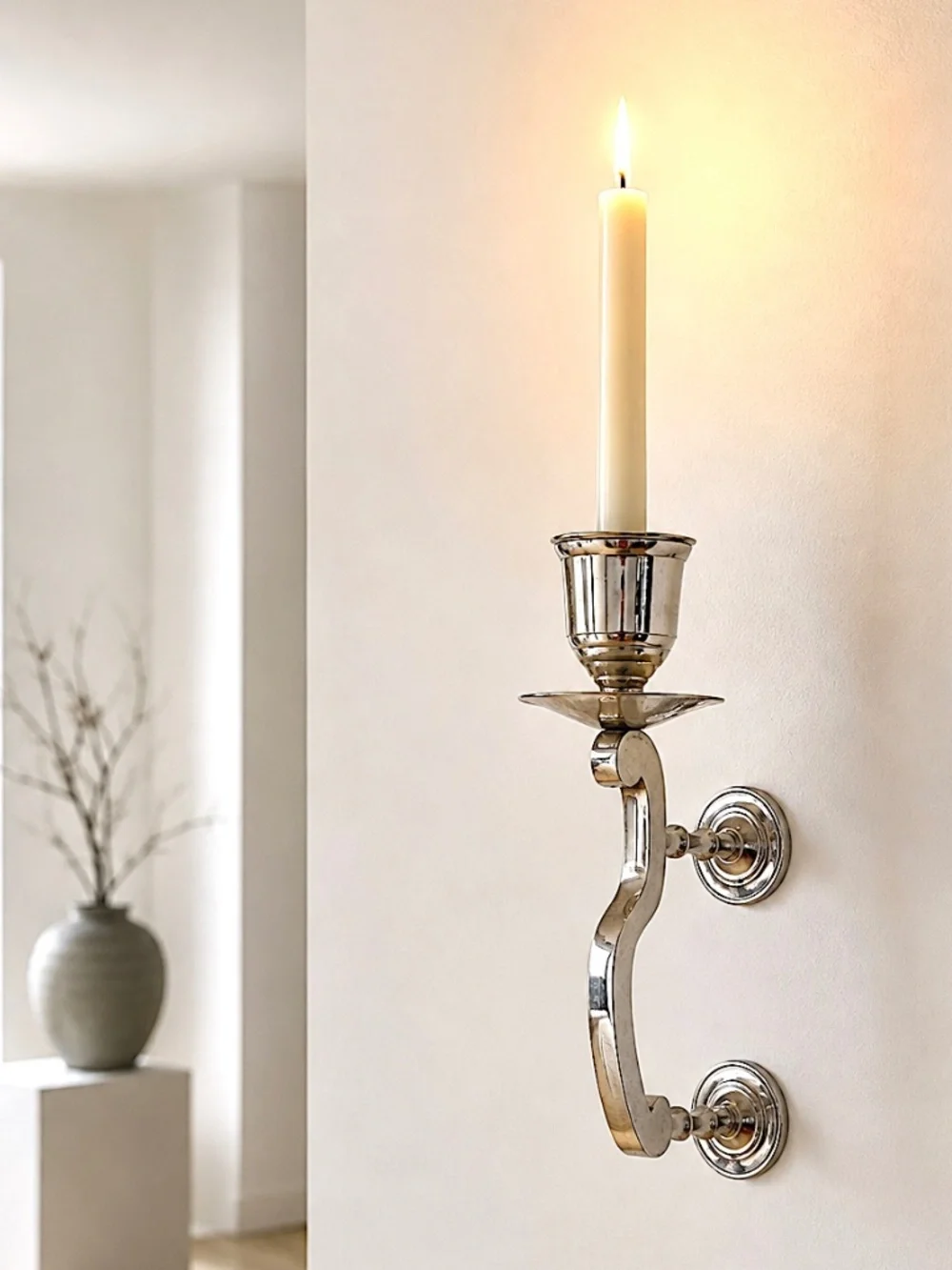 vintage silver tone candle wall sconce India scroll design metal sculptural